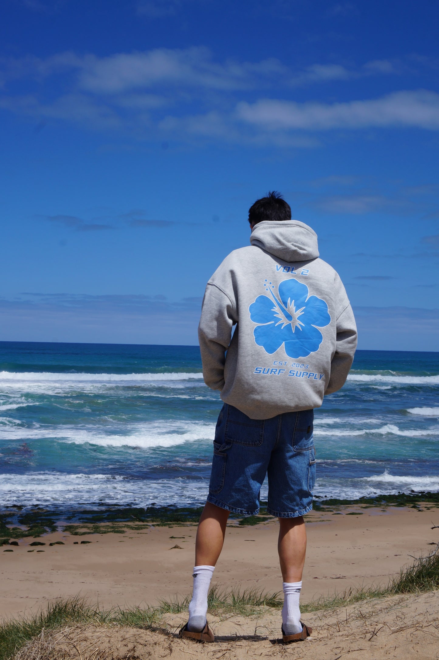 Grey & Blue Hibiscus Hoodie