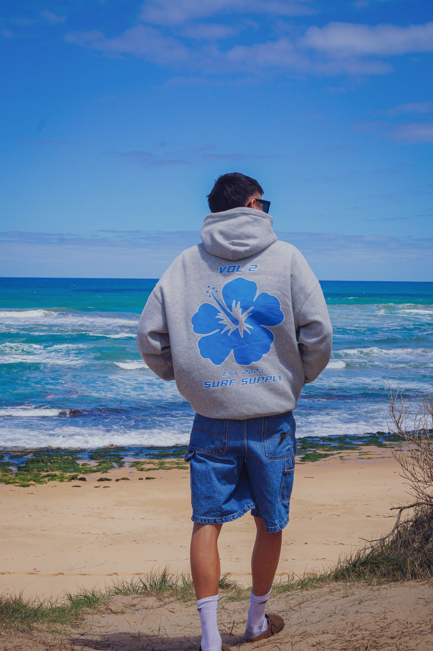 Grey & Blue Hibiscus Hoodie