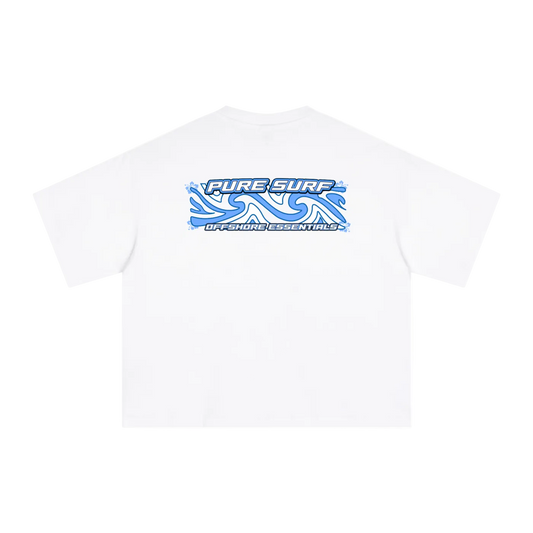 White t-shirt with 'Pure Surf' logo on a white background