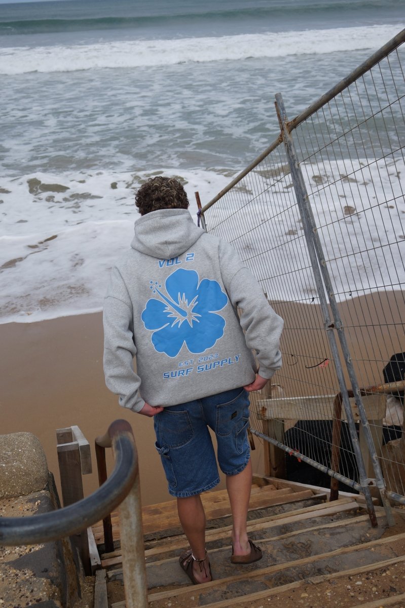 Grey & Blue Hibiscus Hoodie - Pure Surf