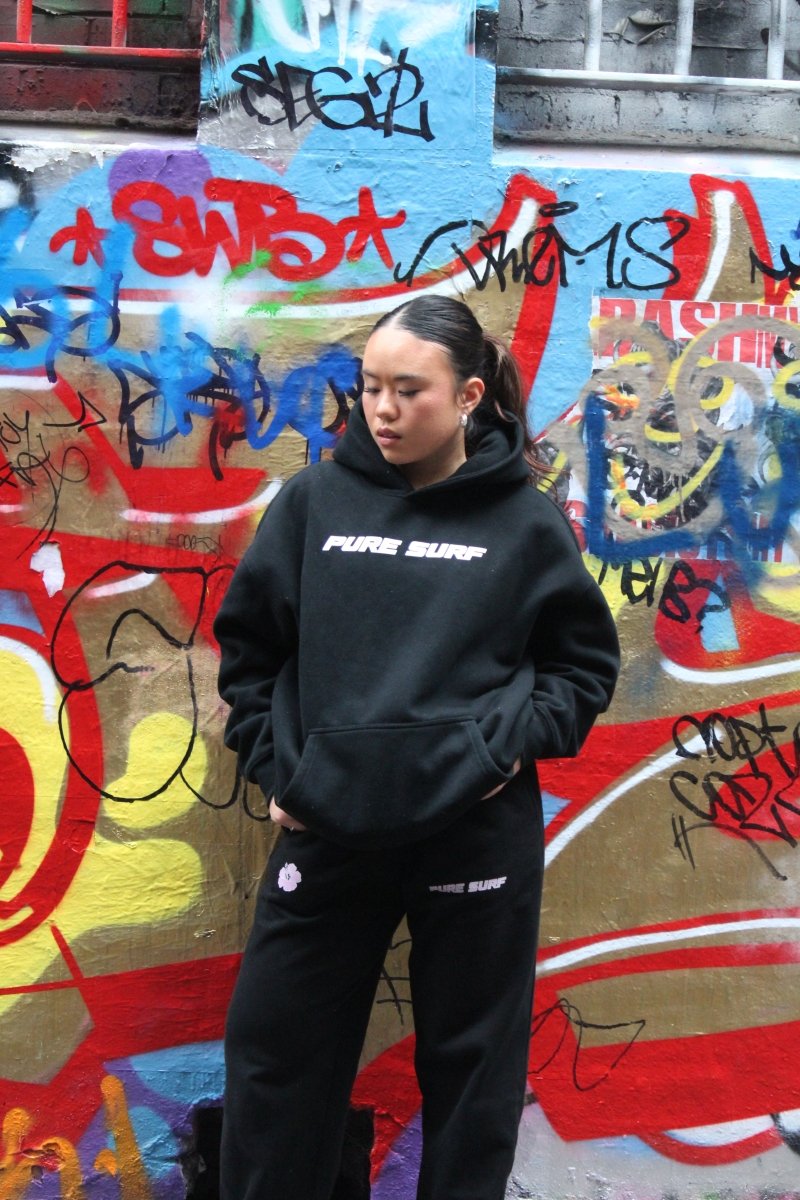 Pink Hibiscus Black hoodie - Pure Surf