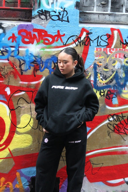 Pink Hibiscus Black hoodie - Pure Surf