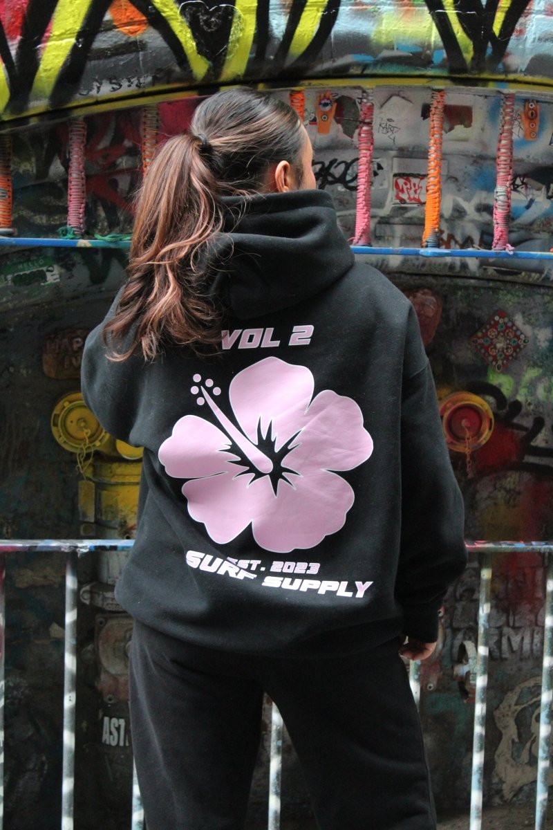 Pink Hibiscus Black hoodie - Pure Surf
