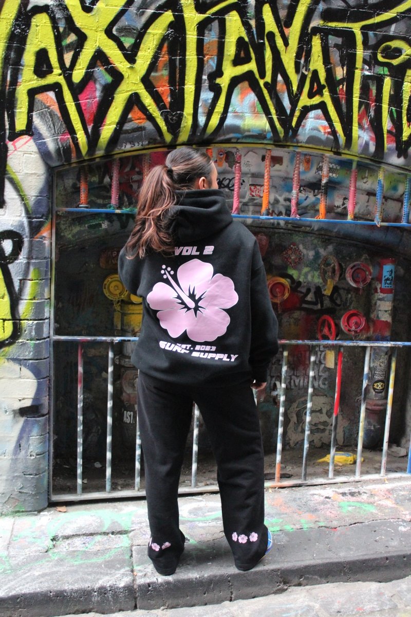 Pink Hibiscus Black hoodie - Pure Surf